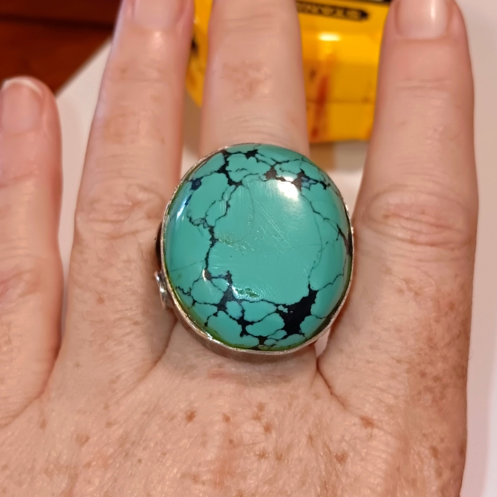 Antique Sterling Silver Turquoise Ring Size 10